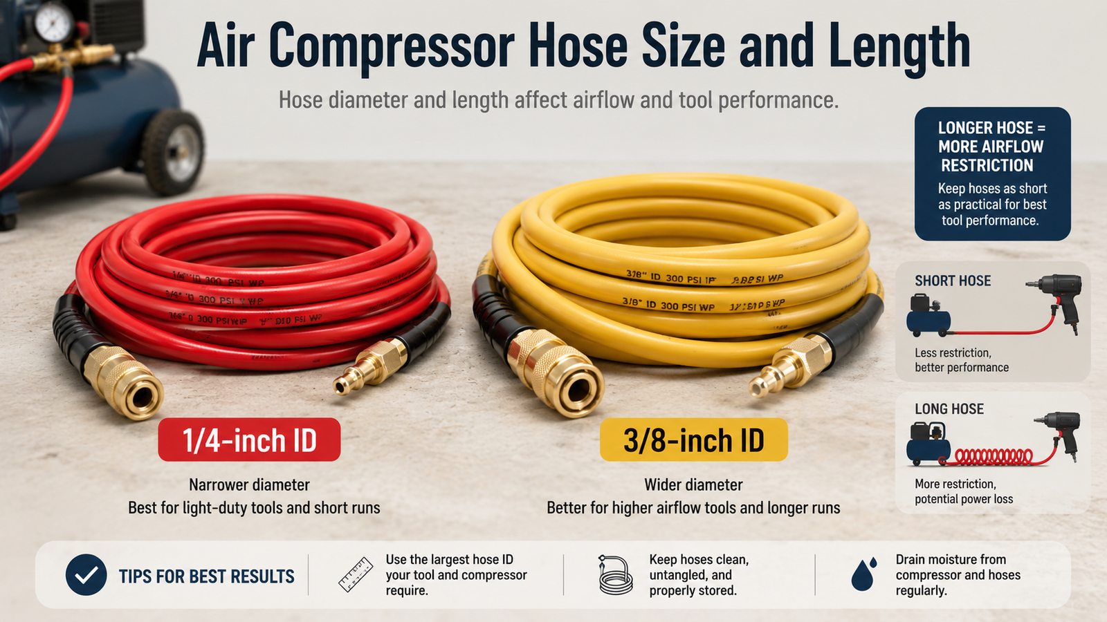 Comparison of 1/4-inch and 3/8-inch air compressor hoses with quick-connect fittings.