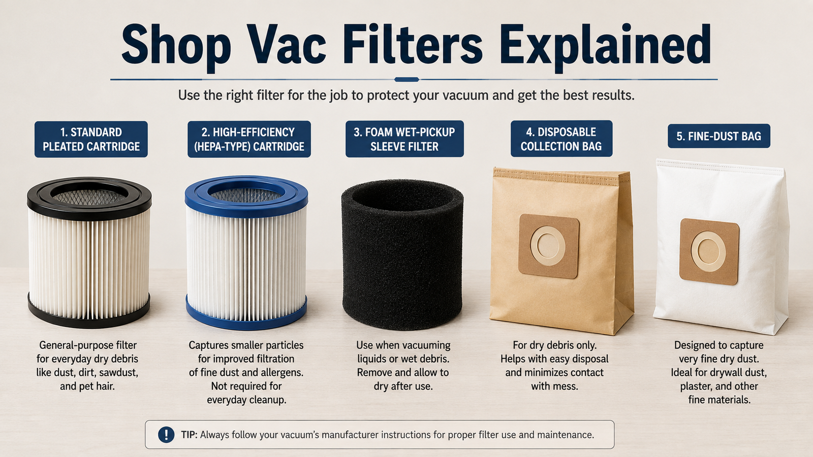 Shop vac filter types including pleated cartridge, high-efficiency cartridge, foam sleeve, collection bag, and fine-dust bag.