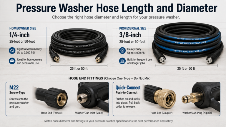 Comparison of homeowner and professional pressure washer hoses with M22 and quick-connect fittings.