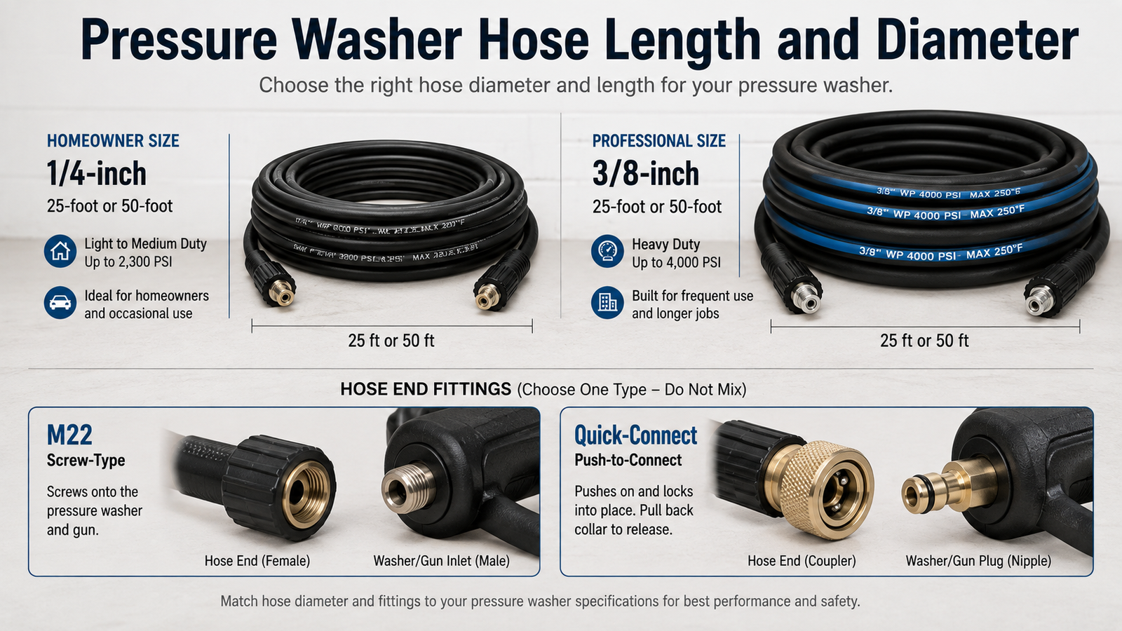 Comparison of homeowner and professional pressure washer hoses with M22 and quick-connect fittings.