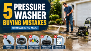 Homeowner pressure washing a driveway for an article about pressure washer buying mistakes