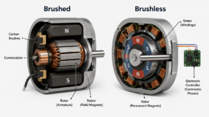Cutaway comparison of brushed and brushless electric motors with labeled components.