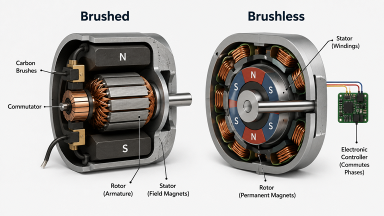 Cutaway comparison of brushed and brushless electric motors with labeled components.
