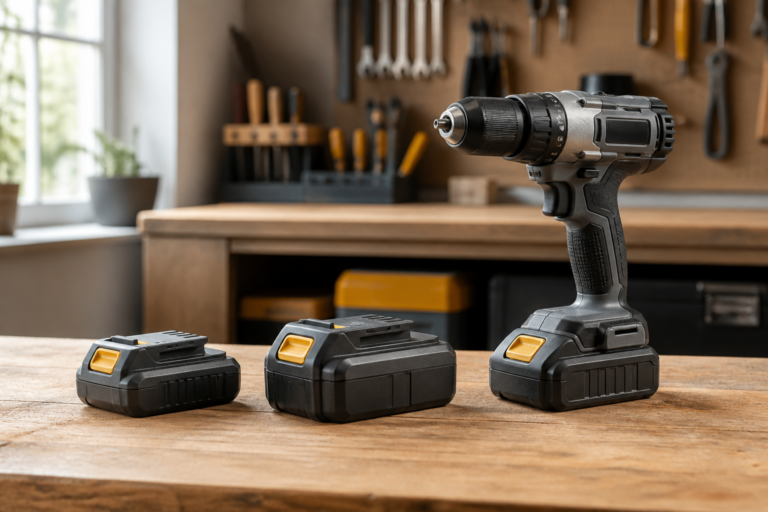 Generic cordless drill and battery packs of different sizes on a workshop bench.