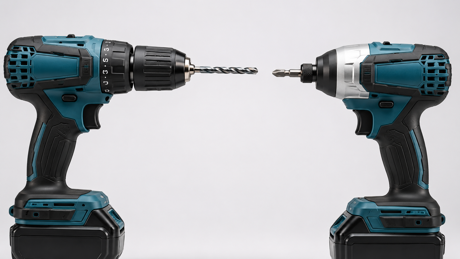 Cordless drill with keyless chuck beside an impact driver with quarter-inch hex collet.