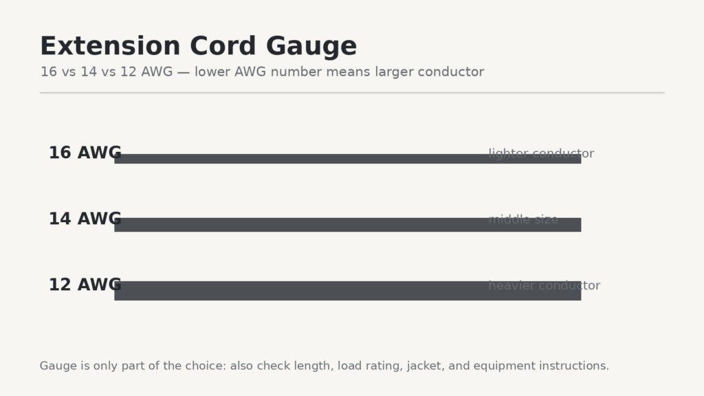 Comparison of 16, 14, and 12 AWG extension cord conductor sizes