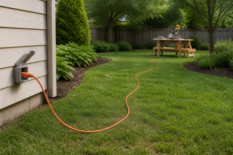 Long generic outdoor extension cord running across a yard to emphasize distance