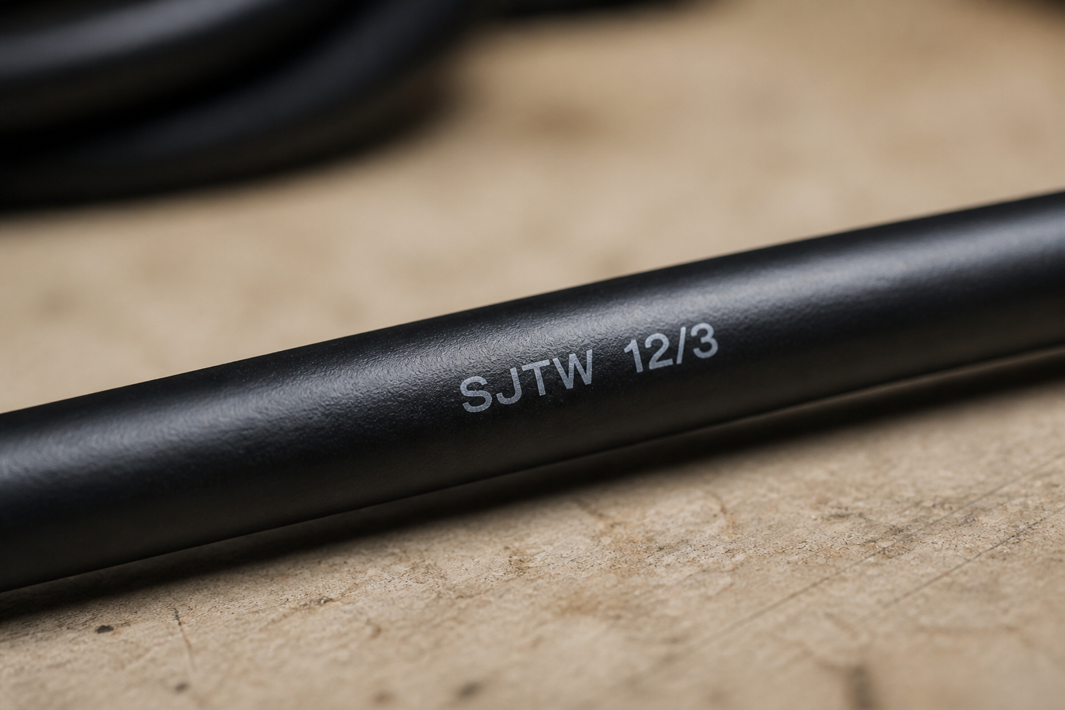 Close-up of a generic extension-cord jacket with illustrative SJTW 12/3 markings
