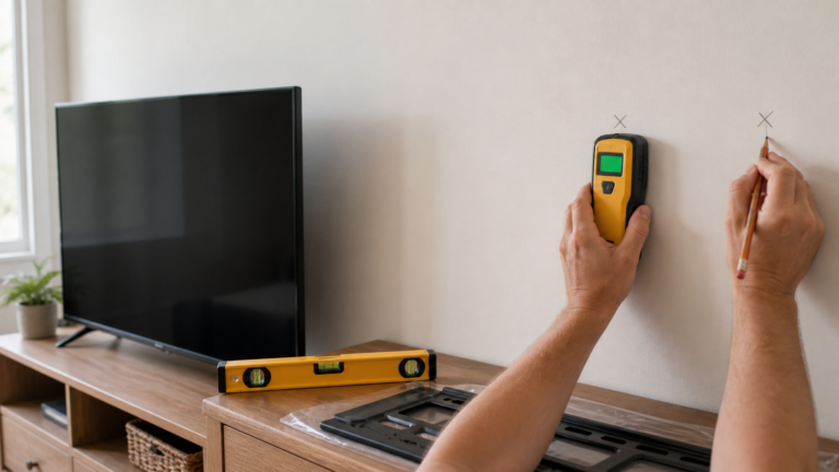 Person using a stud finder to verify wall-stud locations before mounting a TV.