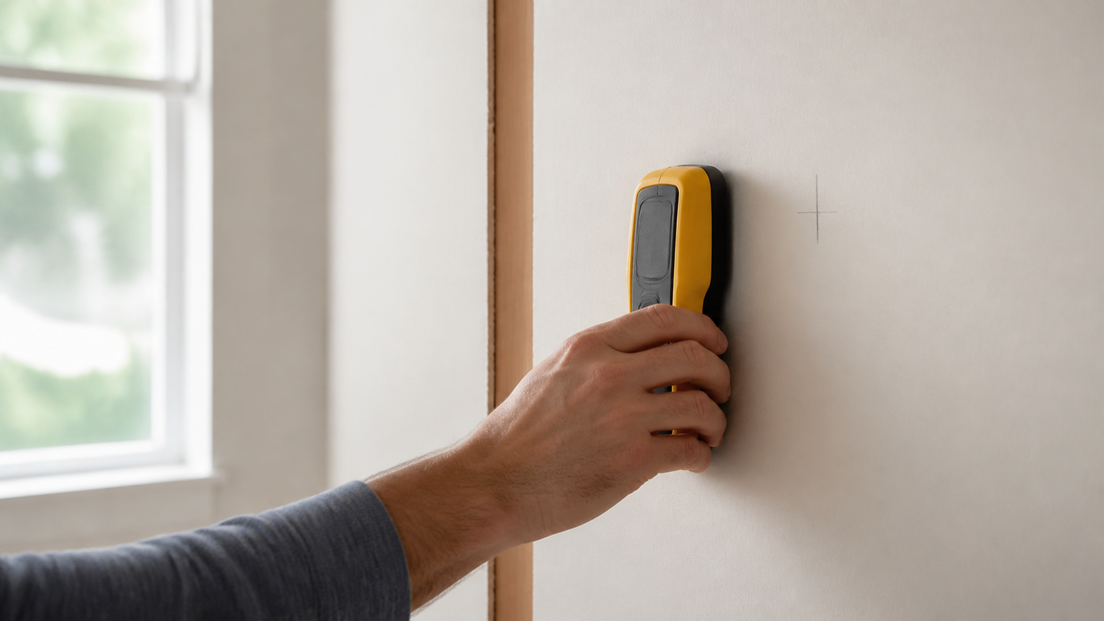 Stud finder scanning a wall
