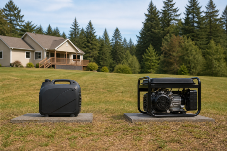 Enclosed inverter generator beside an open-frame conventional generator outdoors