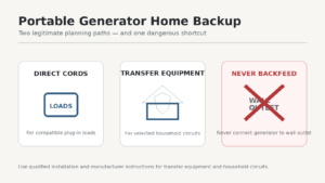 Portable generator home backup options showing direct cords, transfer equipment, and no backfeeding
