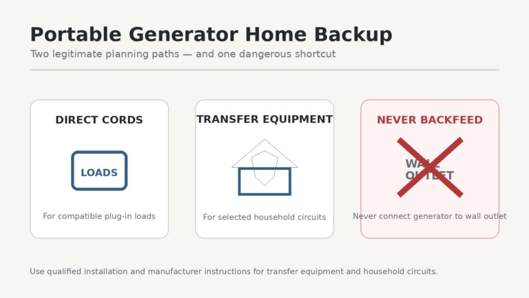Portable generator home backup options showing direct cords, transfer equipment, and no backfeeding