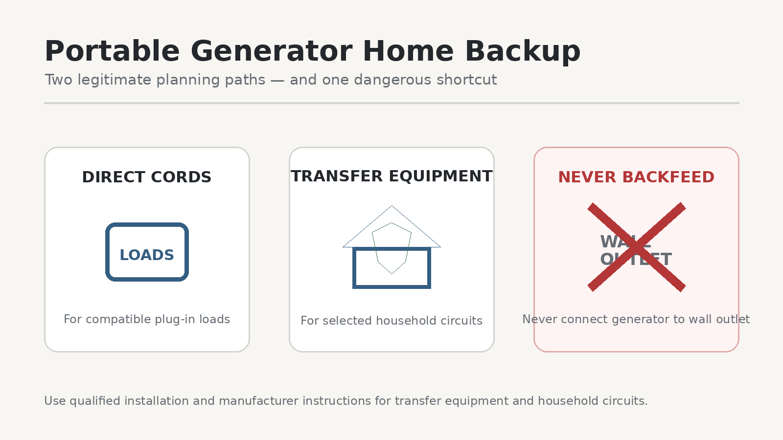 Portable generator home backup options showing direct cords, transfer equipment, and no backfeeding