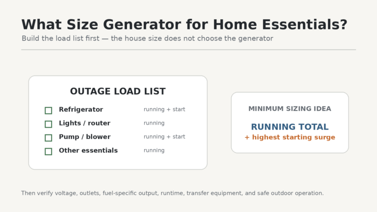 Portable generator sizing based on a home-essential outage load list