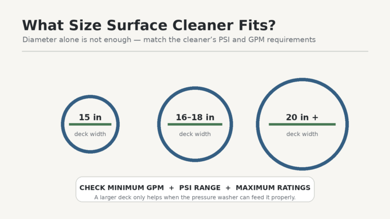 Pressure washer surface cleaner sizes with reminder to match PSI and GPM requirements