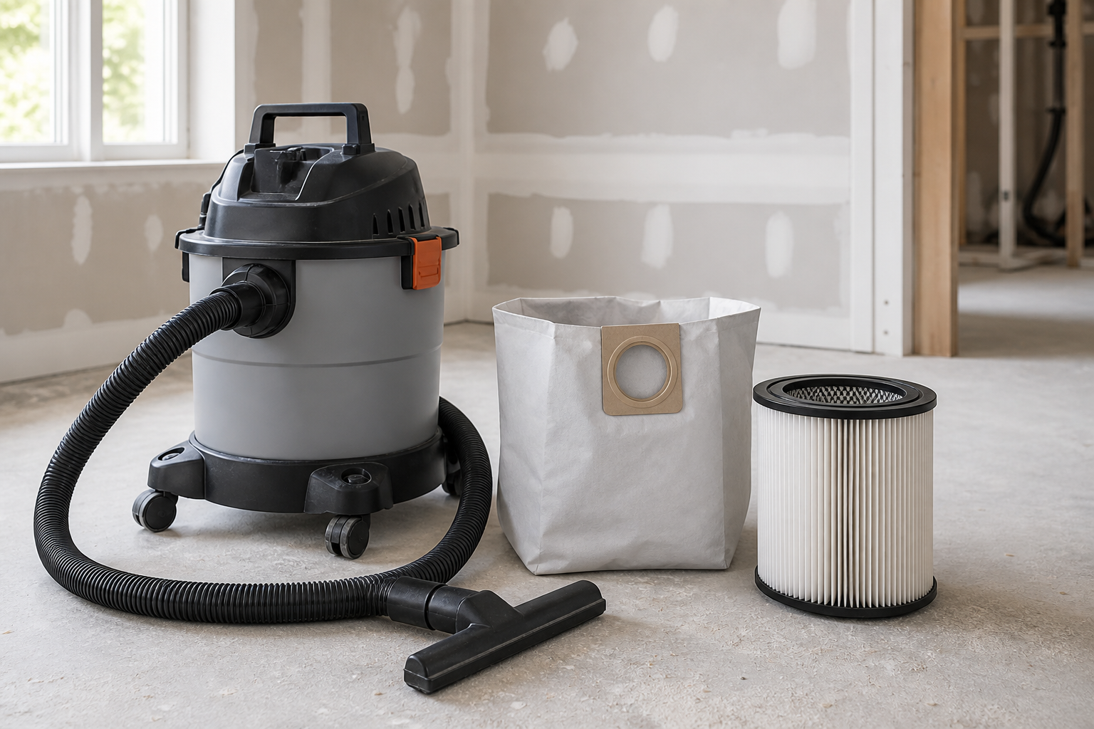 Unbranded shop vacuum with collection bag and pleated filter in a drywall room