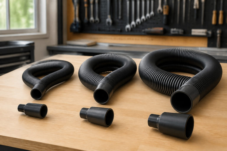 Three unbranded shop vacuum hoses in small, medium, and large diameters