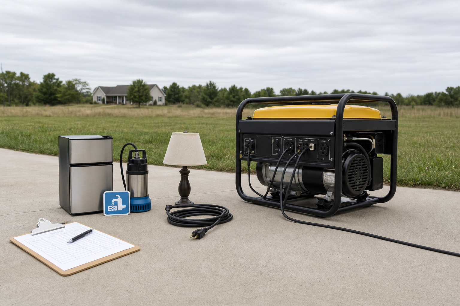 Portable generator outdoors beside a worksheet and essential household loads