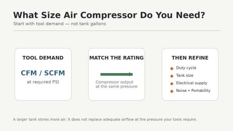 Air compressor sizing based on CFM, PSI, duty cycle, tank size, and other requirements