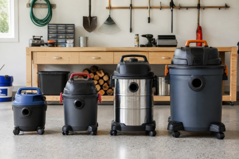 Four unbranded shop vacuums showing compact through large tank sizes