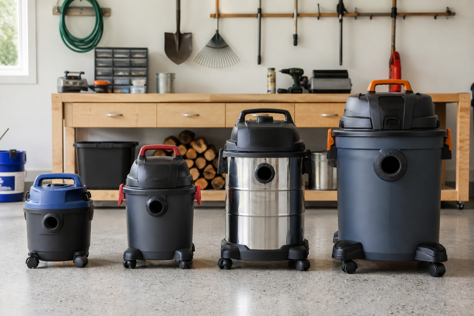 Four unbranded shop vacuums showing compact through large tank sizes